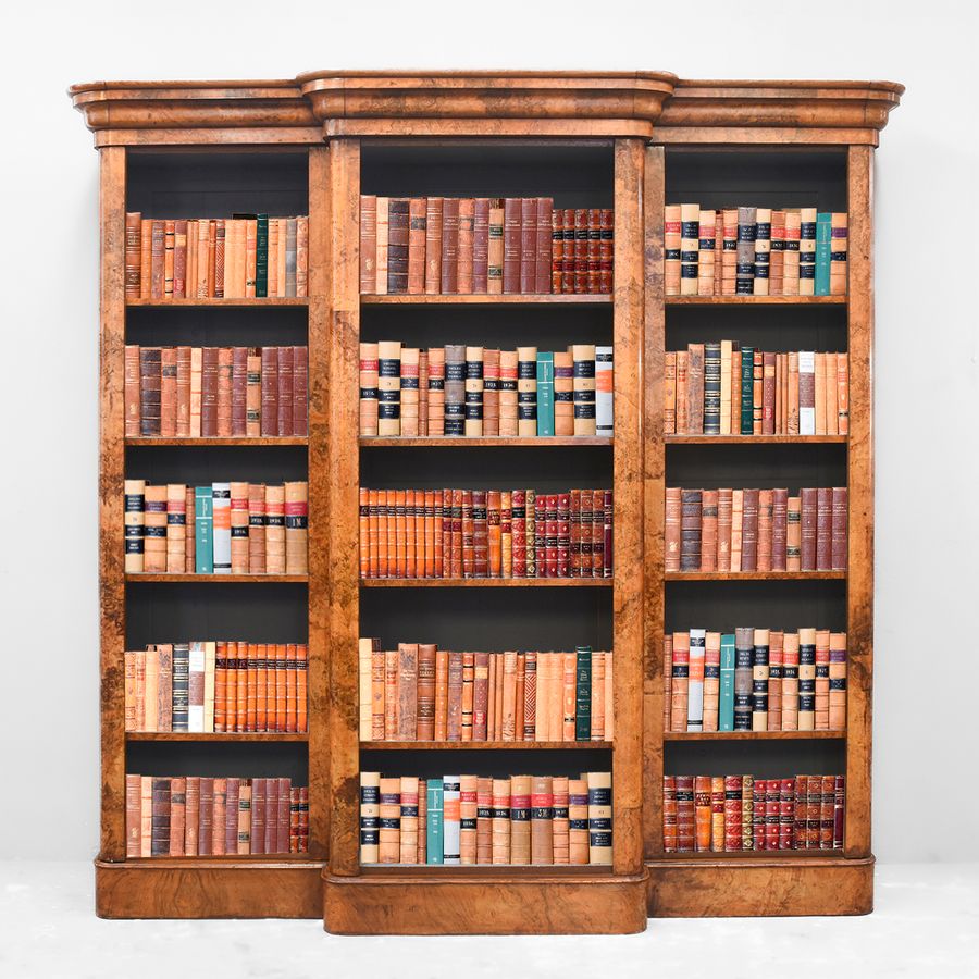 Mid Victorian Burr Walnut Breakfront Open Bookcase