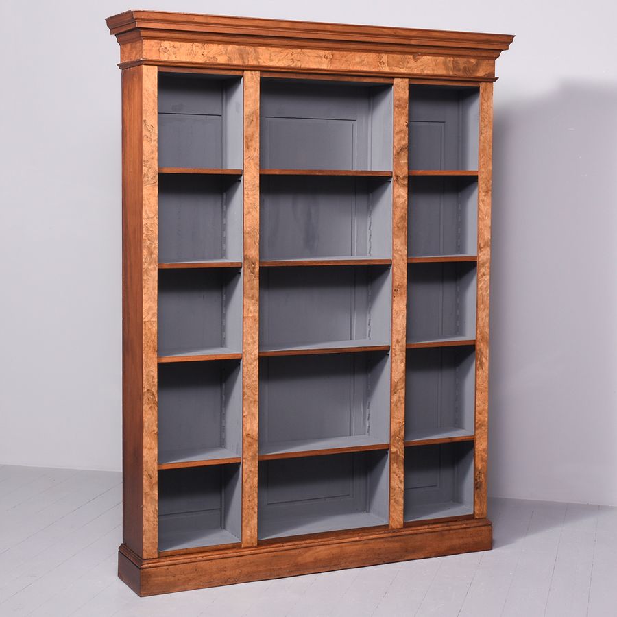 Antique Victorian Burr Walnut Tall Open Bookcase in Pristine Condition