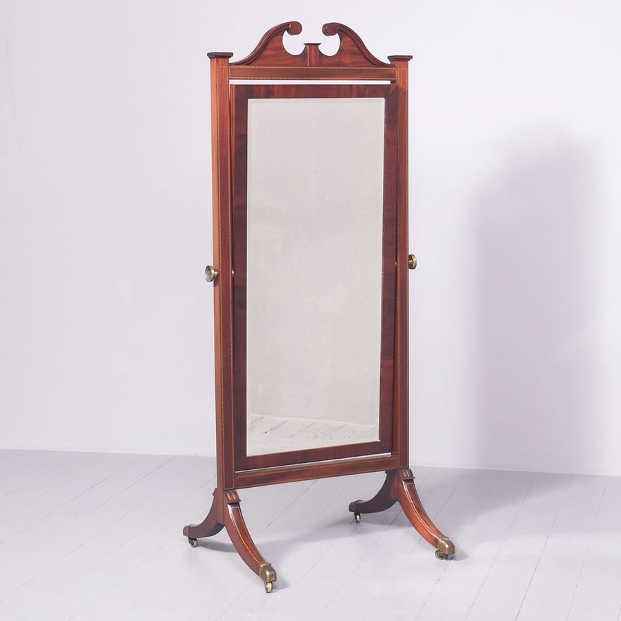 Tall George III style inlaid mahogany cheval mirror