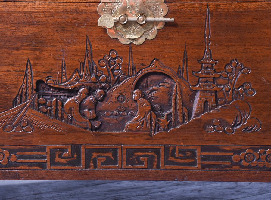 Antique Neat Sized Carved Teak Chinese Trunk