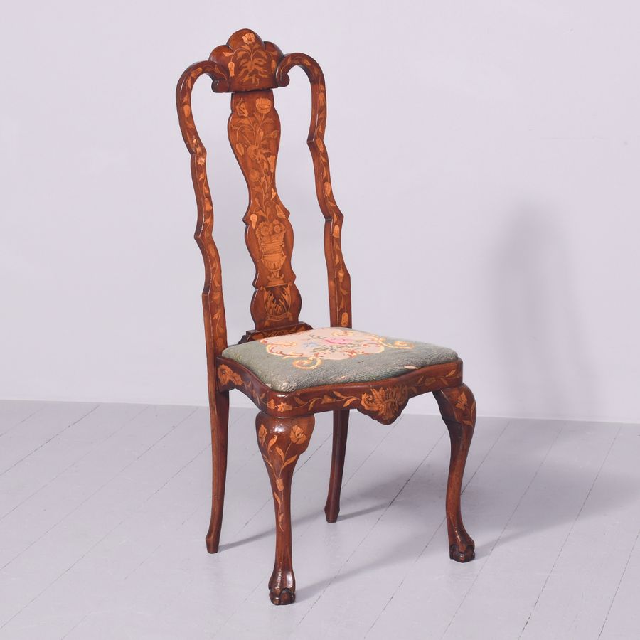 19th Century Dutch Foliate Marquetry Inlaid Mahogany Side Chair