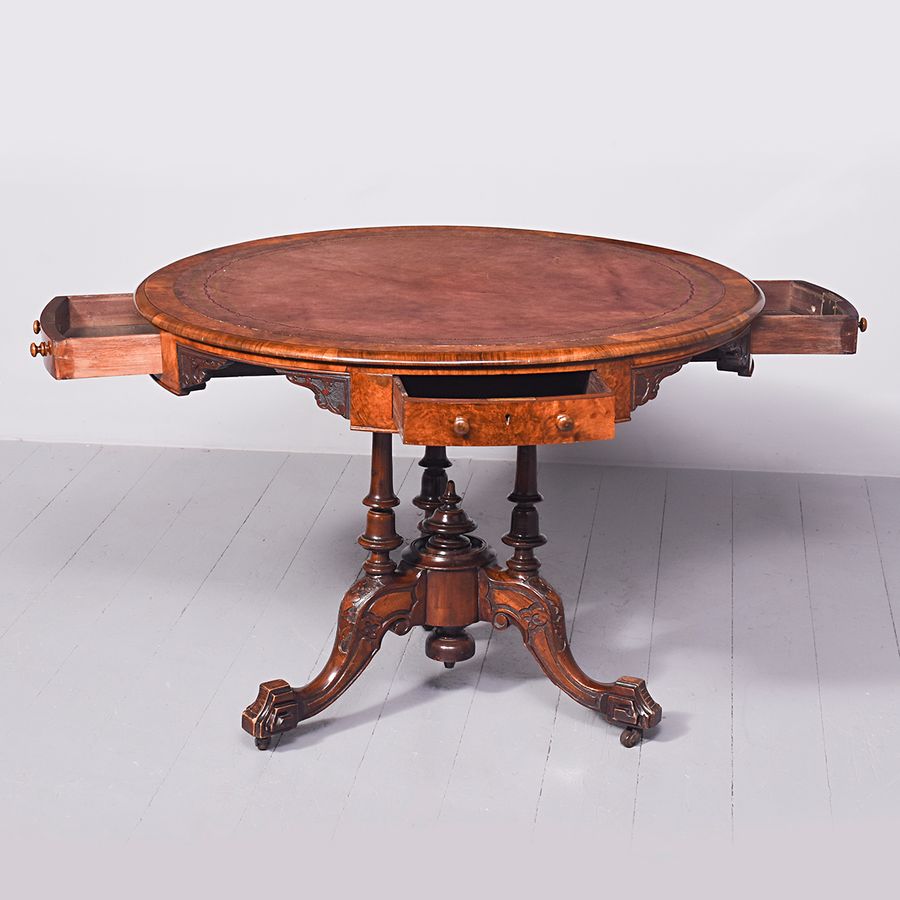 Antique Exhibition Quality Victorian Burr Walnut Drum or Rent Table 