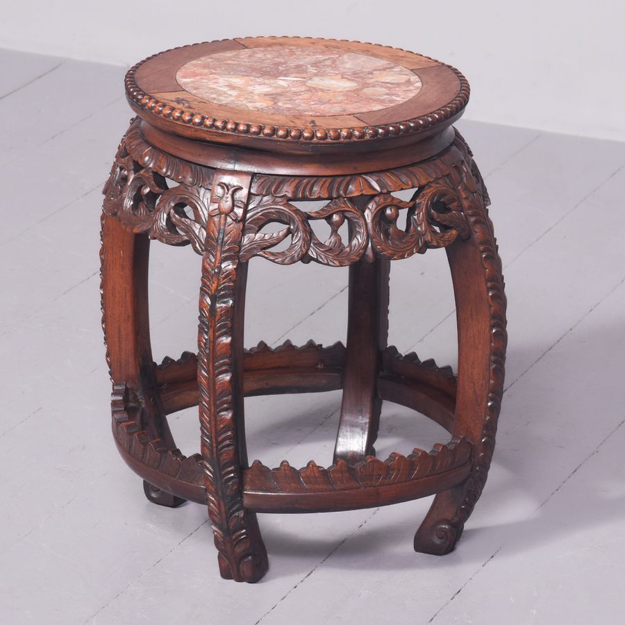Chinese Qing Period Barrel-Shaped Marble Topped Hongmu Plantstand