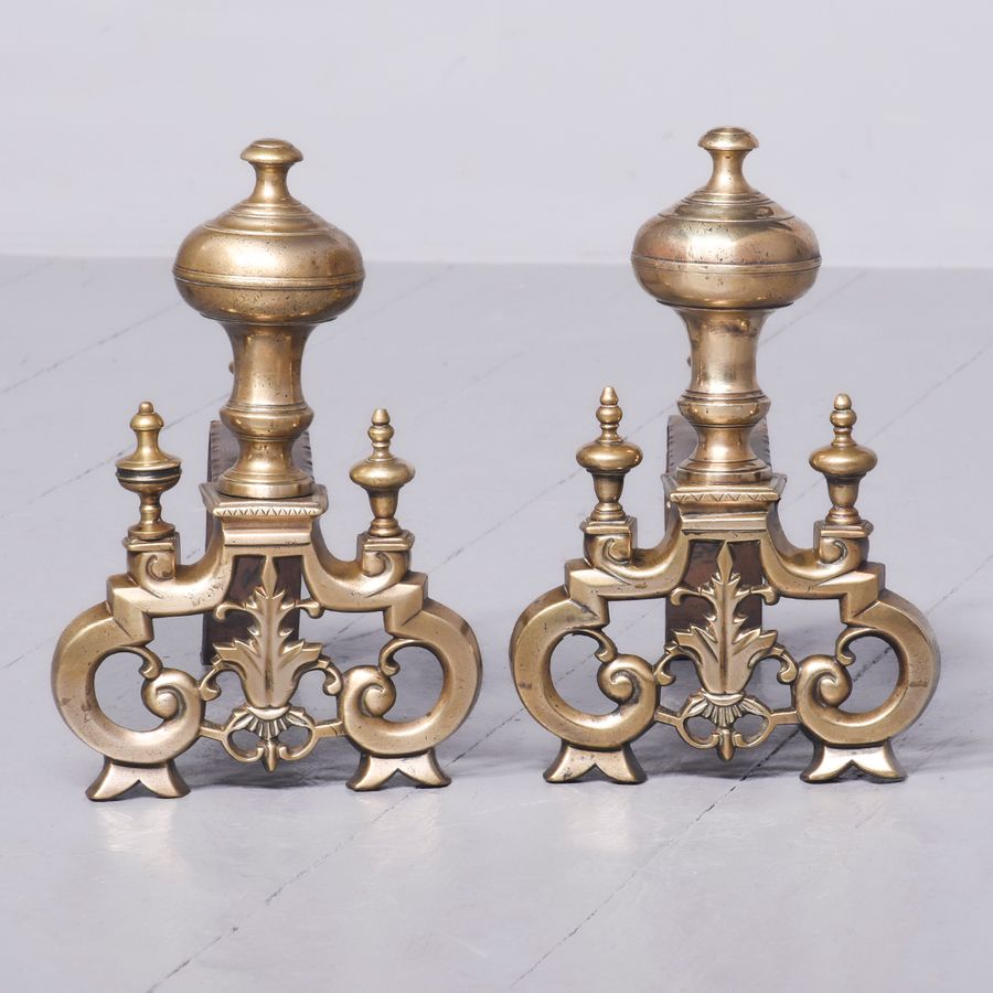 Antique Pair Of Decorative Brass and Steel Andirons (Fire Dogs)