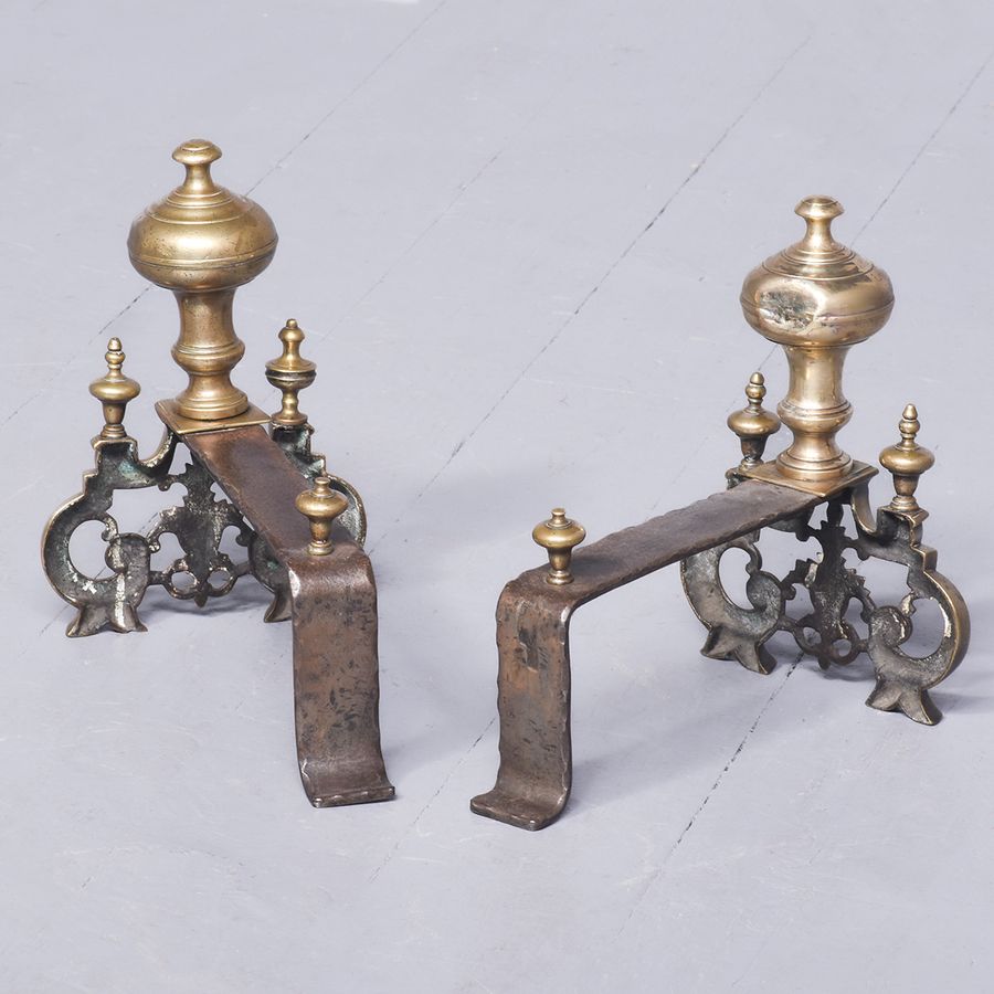 Antique Pair Of Decorative Brass and Steel Andirons (Fire Dogs)