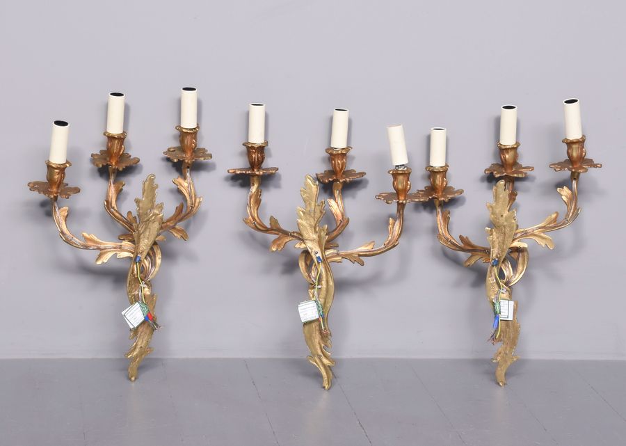 Antique Set of 3 Gilded Brass Wall Sconces