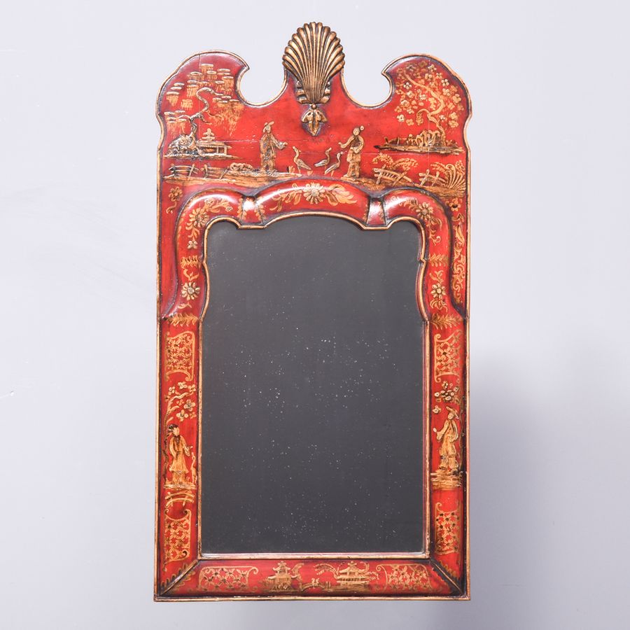 Antique  Early Georgian Style Red Lacquered Wall Mirror in The Chinoiserie Style 