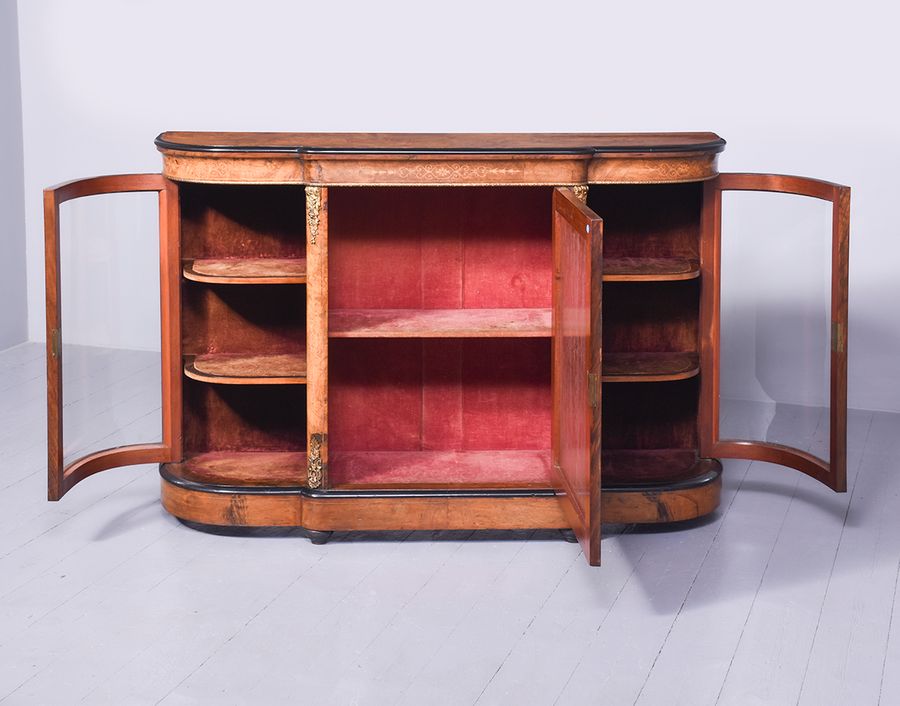 Antique Burr Walnut Ormolu Mounted and Inlaid Bow End Credenza