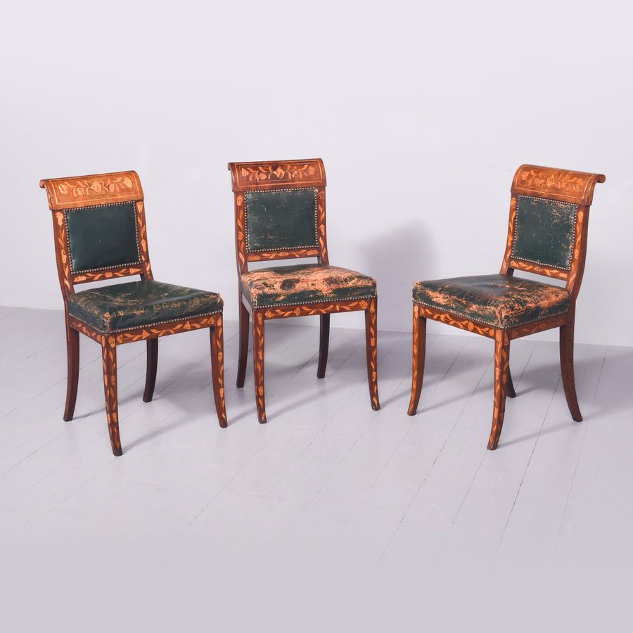 Set of 3 Dutch Marquetry Inlaid Mahogany Side Chairs