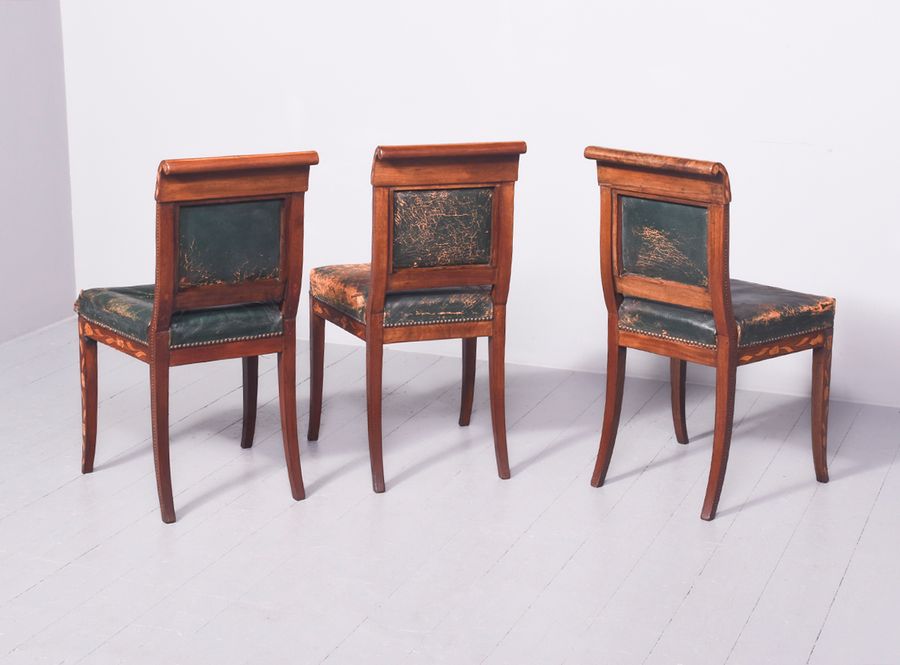 Antique Set of 3 Dutch Marquetry Inlaid Mahogany Side Chairs