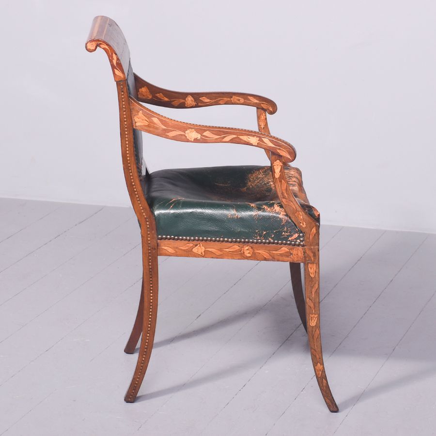 Antique Dutch Marquetry Inlaid Mahogany Armchair