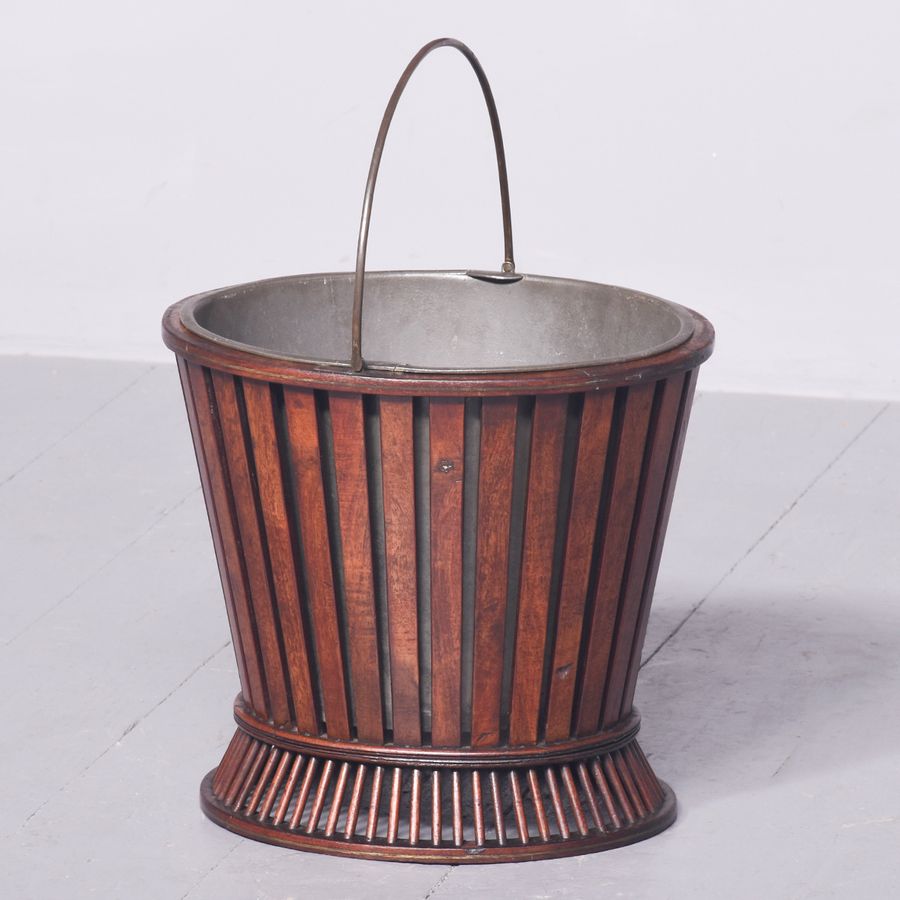 Unusual Mahogany Oyster or Peat Bucket with Metal Liner and Folding Brass Handle