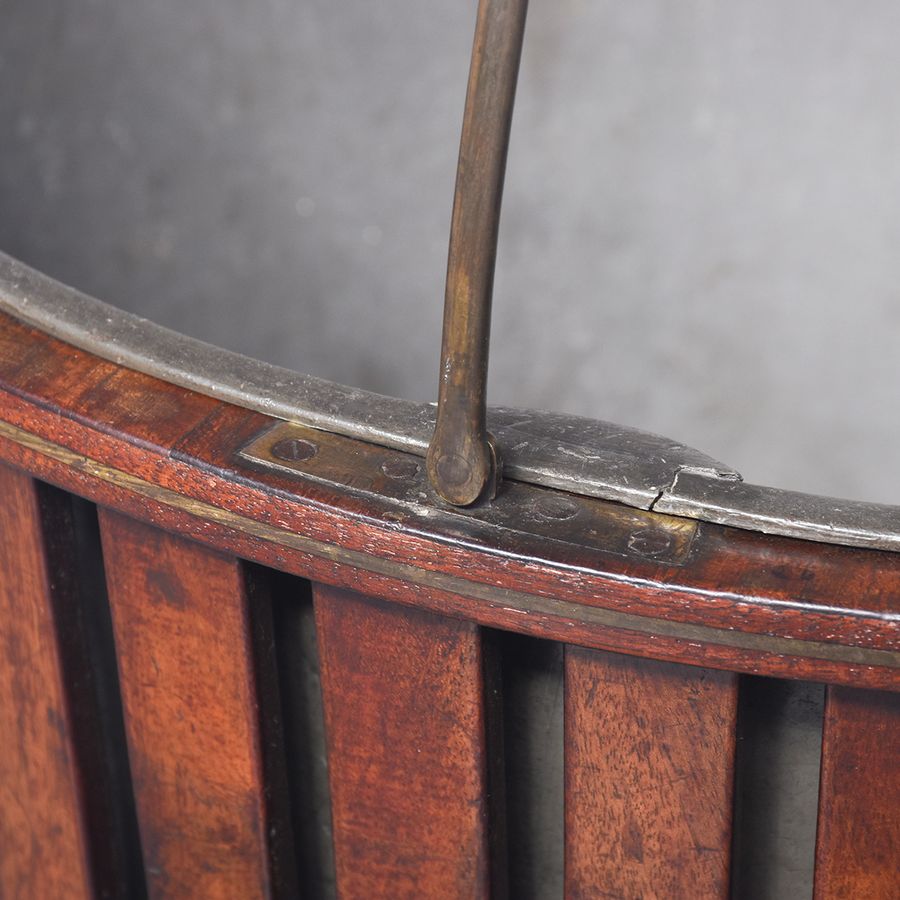 Antique Unusual Mahogany Oyster or Peat Bucket with Metal Liner and Folding Brass Handle