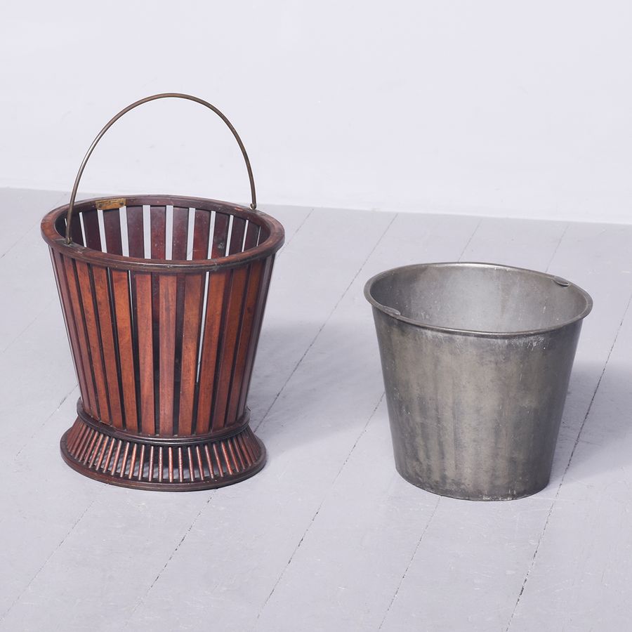 Antique Unusual Mahogany Oyster or Peat Bucket with Metal Liner and Folding Brass Handle