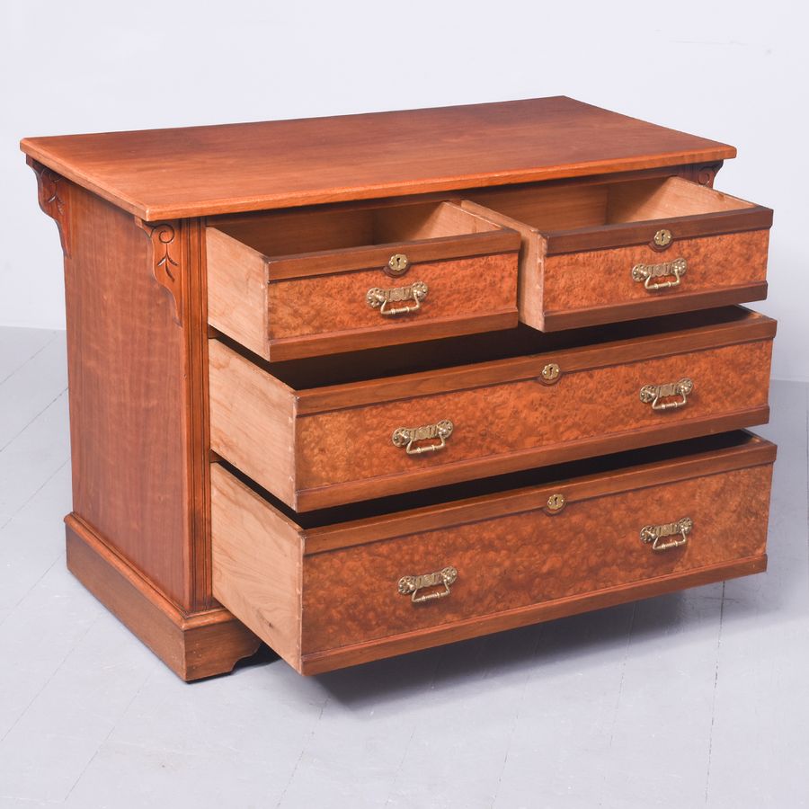 Antique Unusual birds eye maple and walnut neat-sized Arts and Crafts chest of drawers