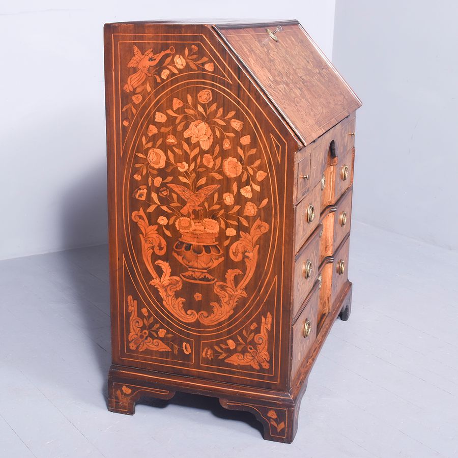 Antique Quality Dutch marquetry-inlaid walnut block fronted bureau