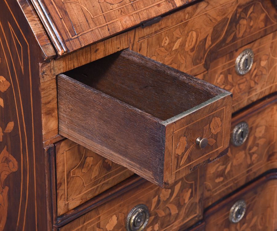 Antique Quality Dutch marquetry-inlaid walnut block fronted bureau