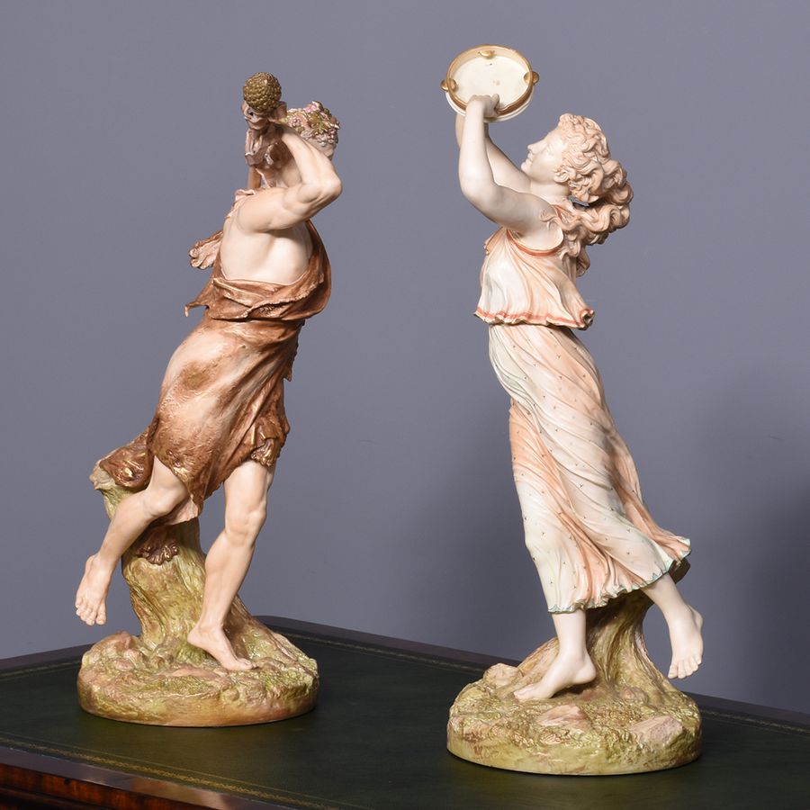 Antique Rare Pair of Very Large Royal Worcester Figures Mounted on Circular Rustic Bases