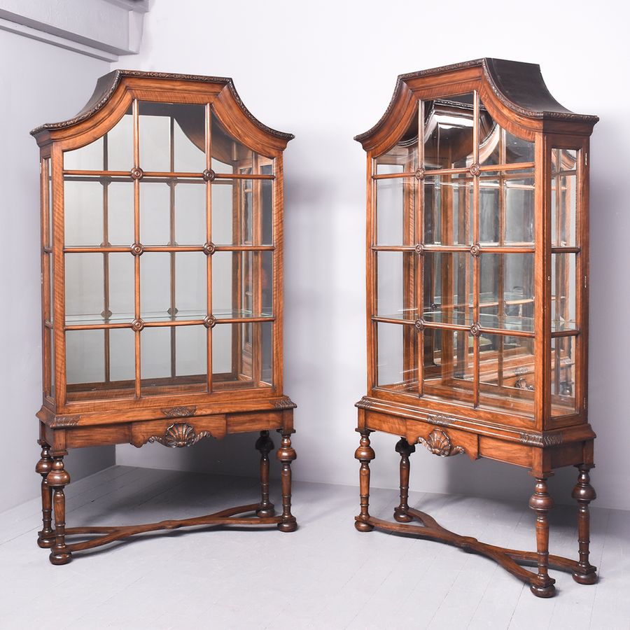 Rare Pair of Exhibition-Quality Tall Carved Walnut Neo-Classical Display Cases