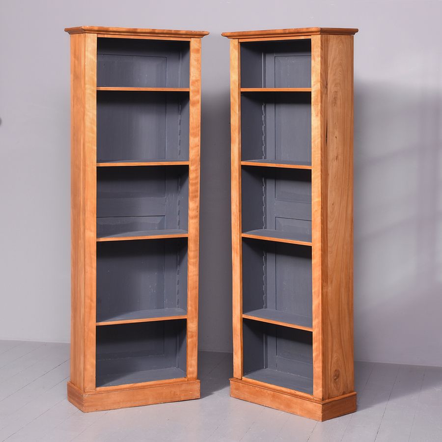 Antique Pair of Tall Satin Birch Late-Victorian Open Bookcases