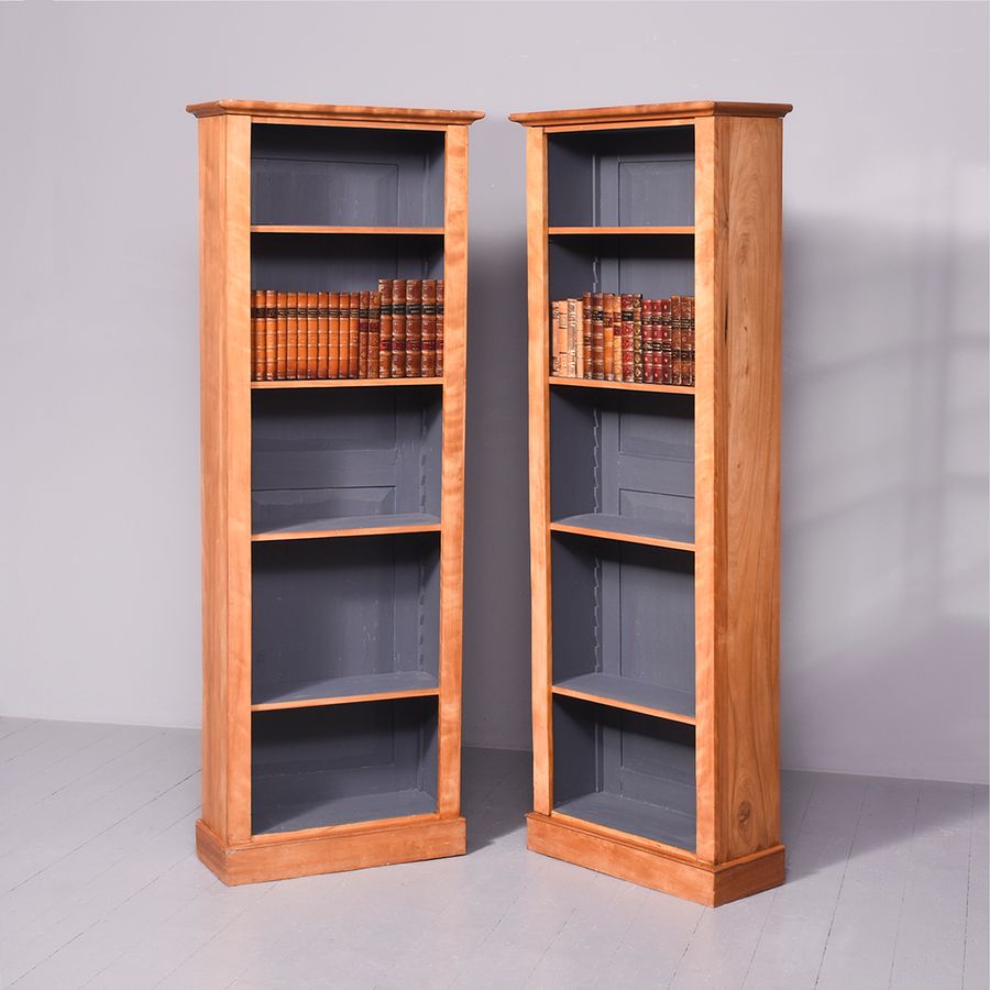 Antique Pair of Tall Satin Birch Late-Victorian Open Bookcases