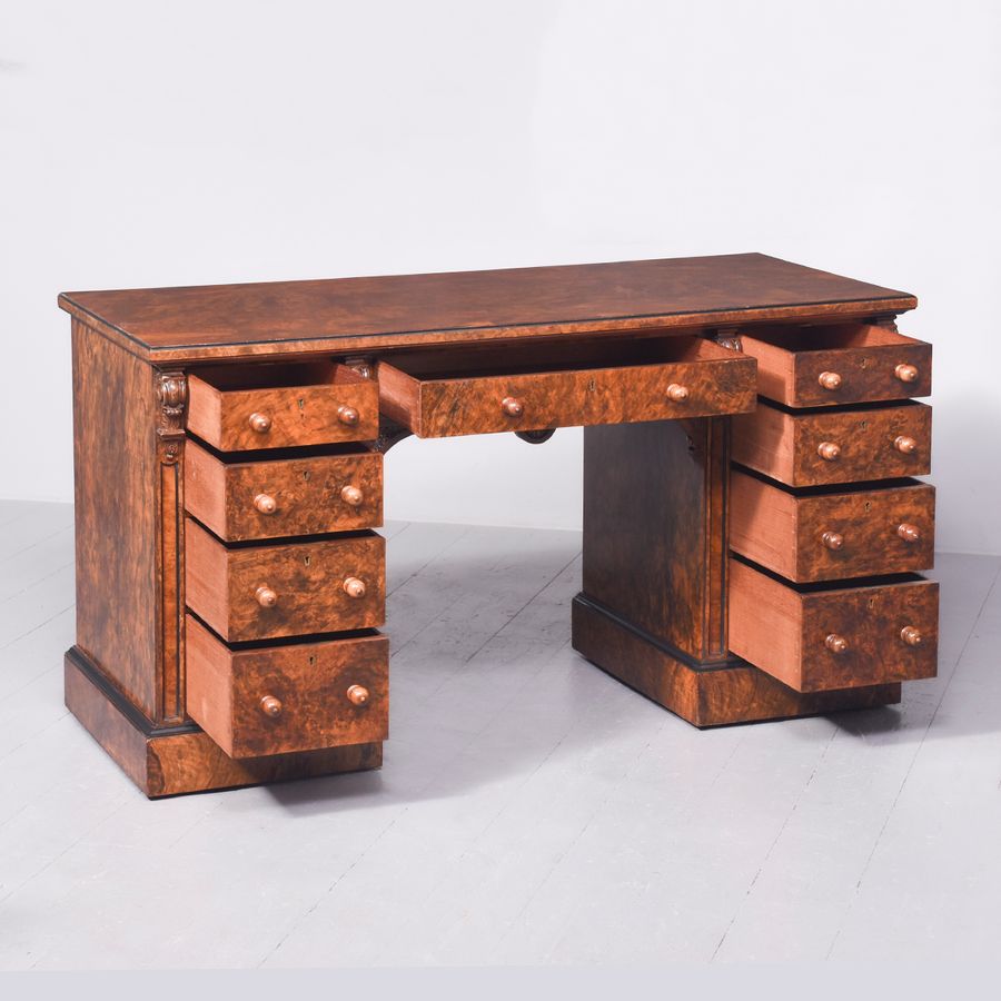 Antique  Exceptional Quality Burr Walnut Victorian Kneehole Desk 