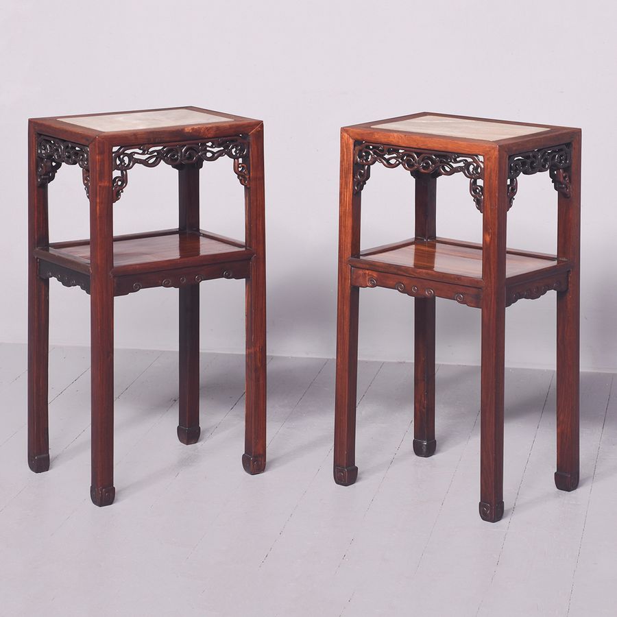 Pair of Hongmu Marble Inset Chinese Lampstands or Side Tables