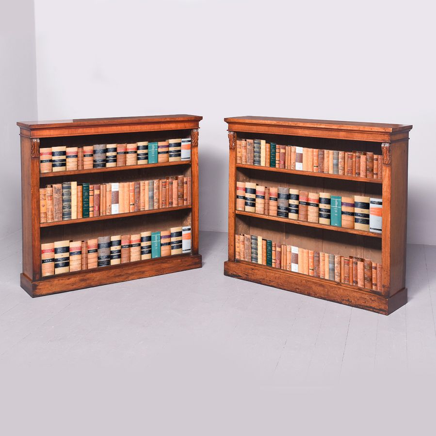 Rare Pair of Original Victorian Figured Walnut Open Bookcases