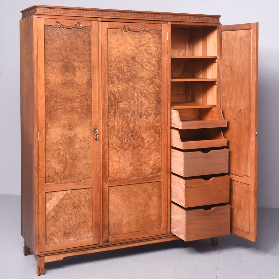 Antique Three Door Art Deco Influence Burr Walnut Wardrobe by Famous Cabinetmakers Wylie & Lochhead of Glasgow