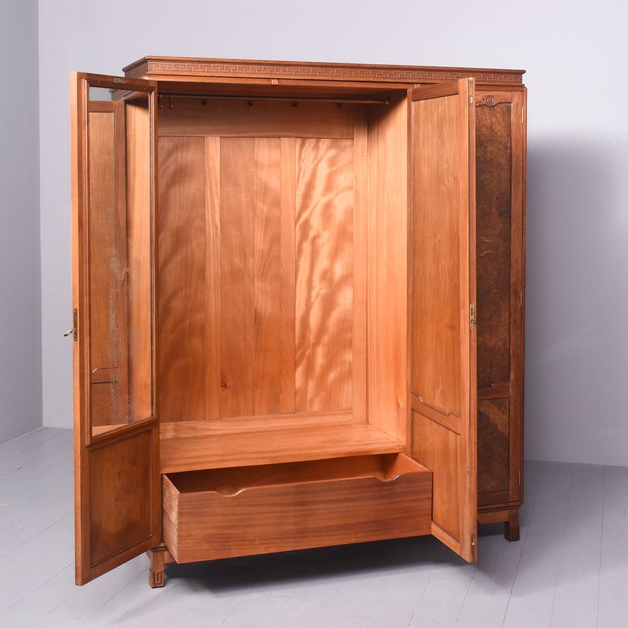 Antique Three Door Art Deco Influence Burr Walnut Wardrobe by Famous Cabinetmakers Wylie & Lochhead of Glasgow