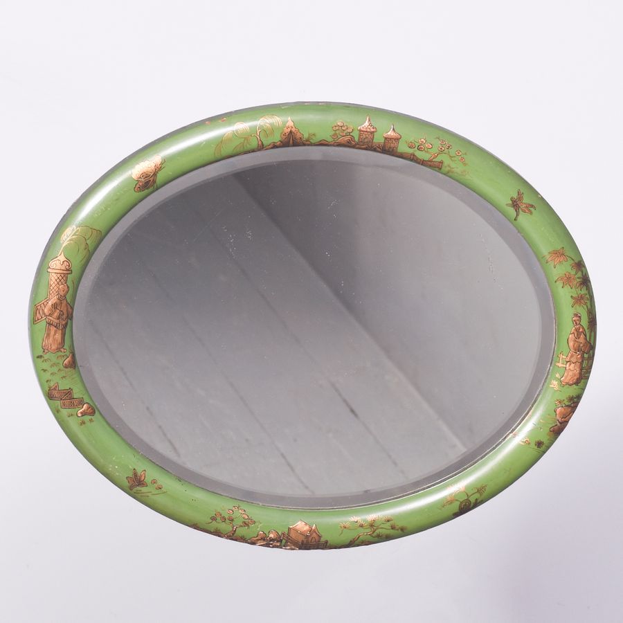 Decorative Green and Gilt Painted Chinoiserie Bevel-Edged Mirror of Neat Size