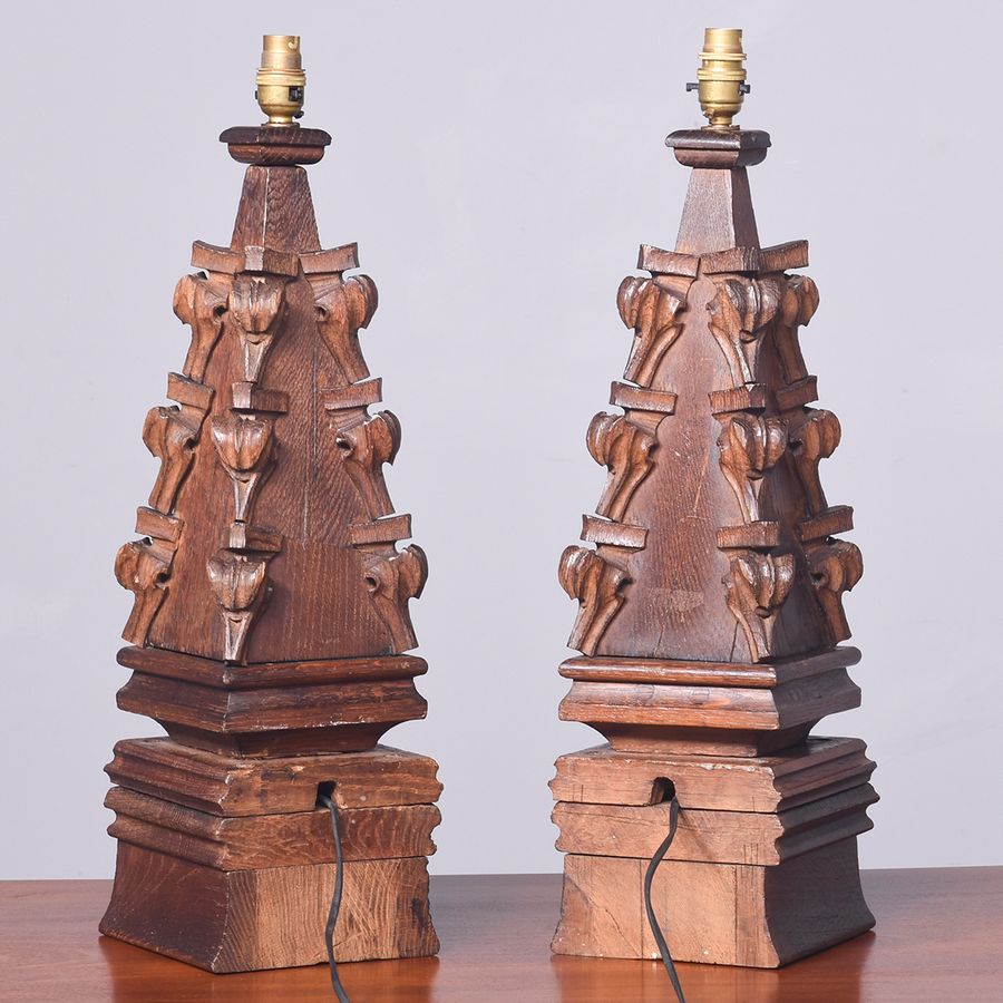 Antique Pair of Carved Oak Gothic Lamps