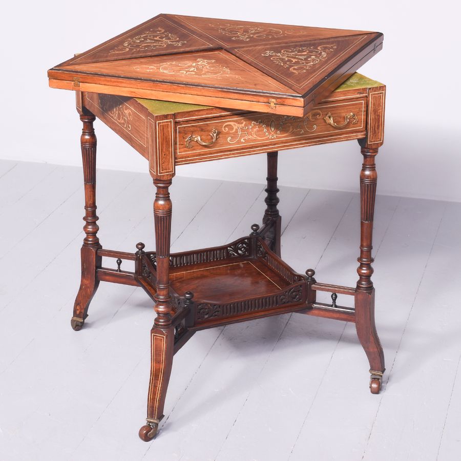 Antique Outstanding Quality Inlaid Rosewood Envelope Card Table