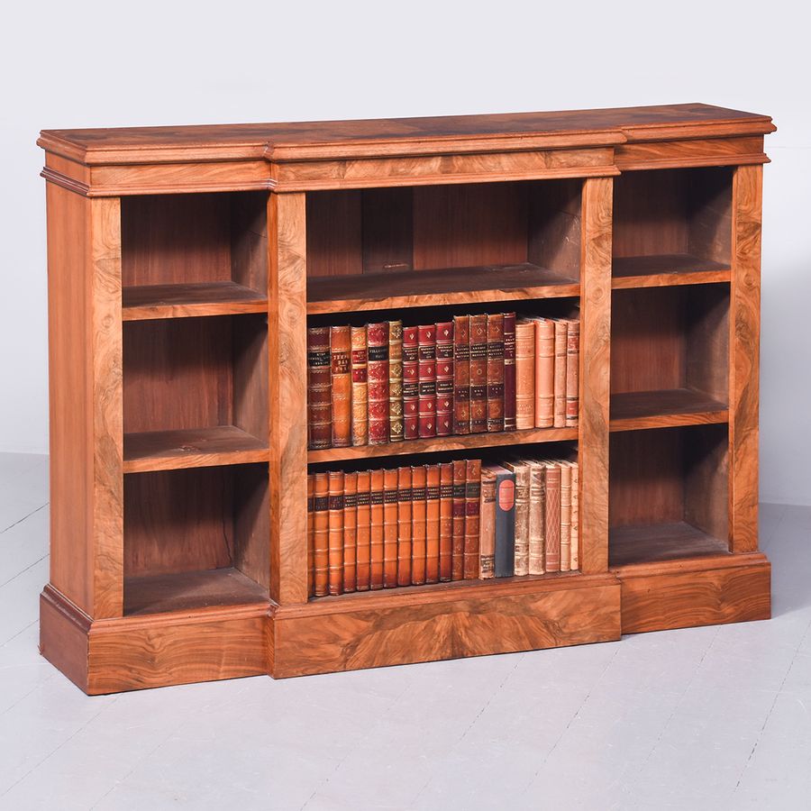 Antique Victorian-Style Neat-Sized Figured-Walnut Breakfront Open Bookcase