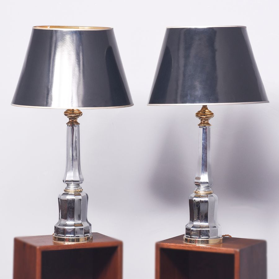 Antique Pair of Brass & Polished Steel Table Lamps