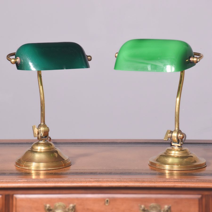 A Matched Pair of Brass & Green Glass Table Lamps