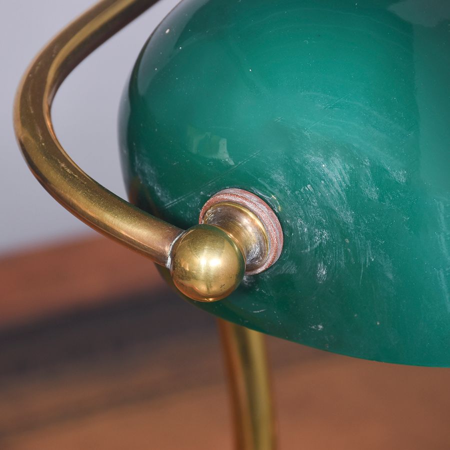 Antique A Matched Pair of Brass & Green Glass Table Lamps