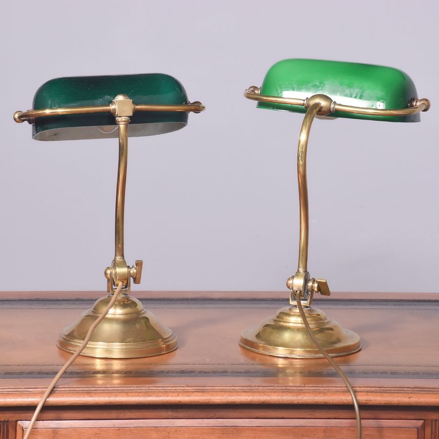 Antique A Matched Pair of Brass & Green Glass Table Lamps