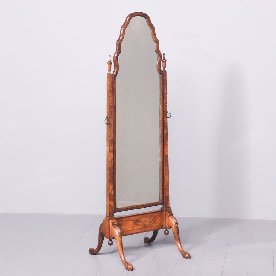 Attractive Neat-Sized Burr Walnut Georgian-Style Cheval Mirror