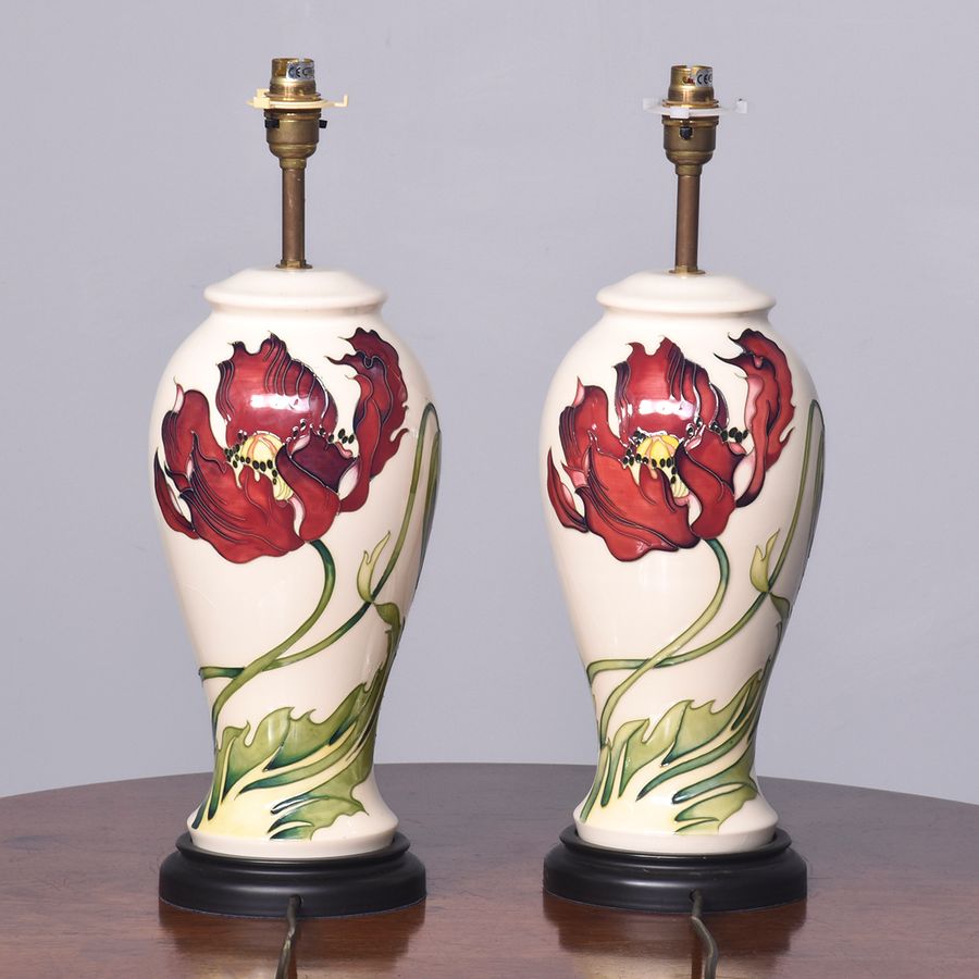 Antique Pair of Large Moorcroft Pottery Table Lamps in The Dancing Flame Pattern 