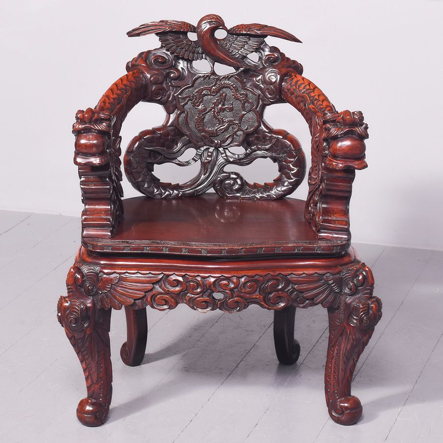 Antique Qing Period Russet Coloured Carved Chinese Hardwood Chair