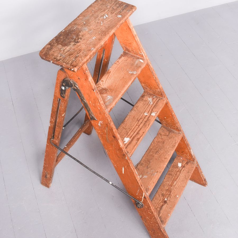 Antique Edwardian Pitch Pine Folding Ladder/Library Steps