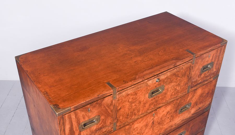 Antique Exceptional Victorian Burr Walnut and Teak Antique Military Secretaire Chest