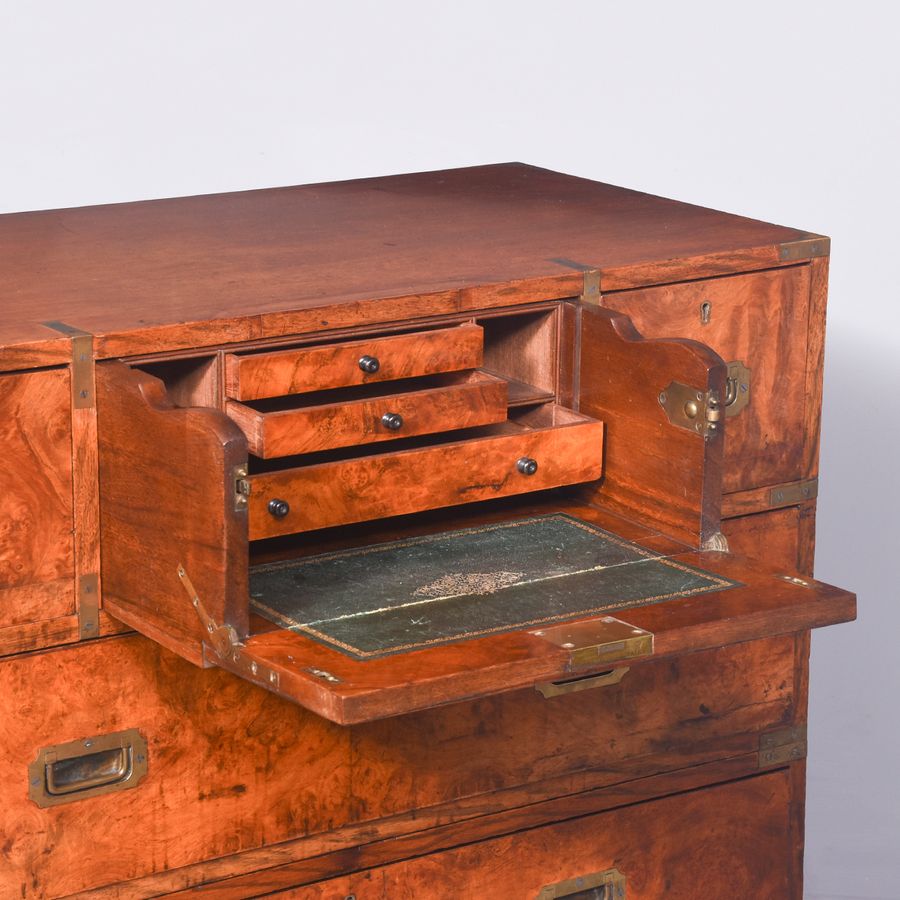 Antique Exceptional Victorian Burr Walnut and Teak Antique Military Secretaire Chest