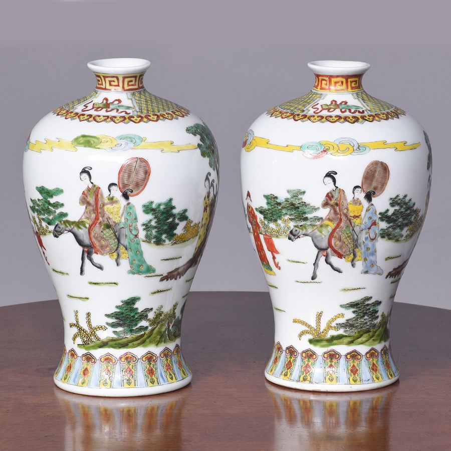 Pair of Hand-Painted, Qing Dynasty Famille Rose and Famille Verte Chinese Baluster Vases