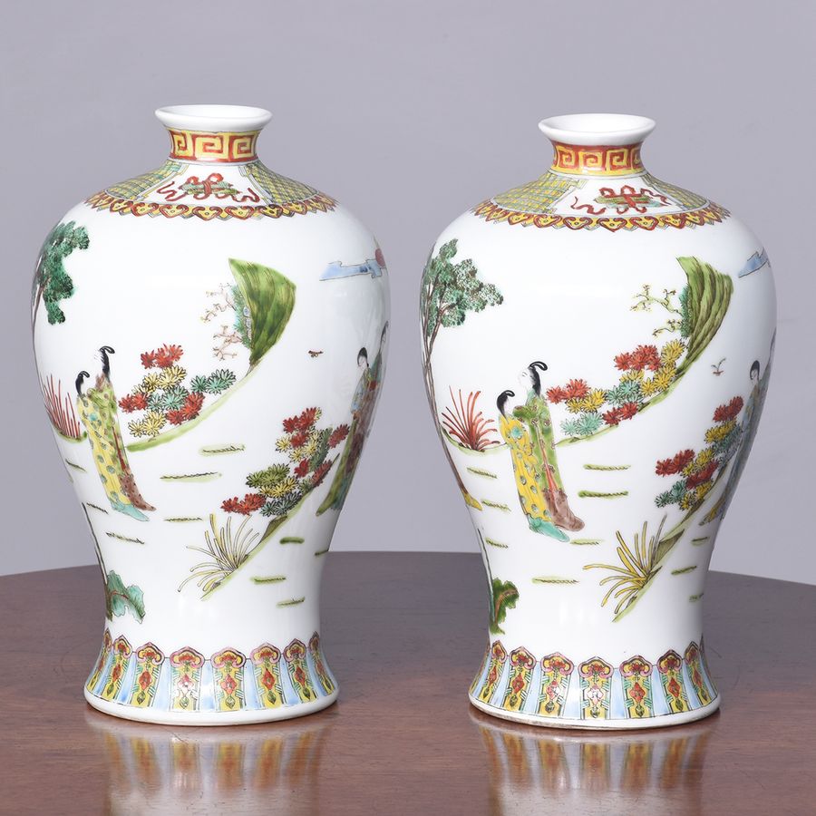 Antique Pair of Hand-Painted, Qing Dynasty Famille Rose and Famille Verte Chinese Baluster Vases