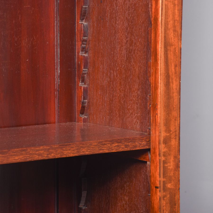 Antique Pair of Inlaid Edwardian, Sheraton -Style Mahogany Bow-Front Open Bookcases