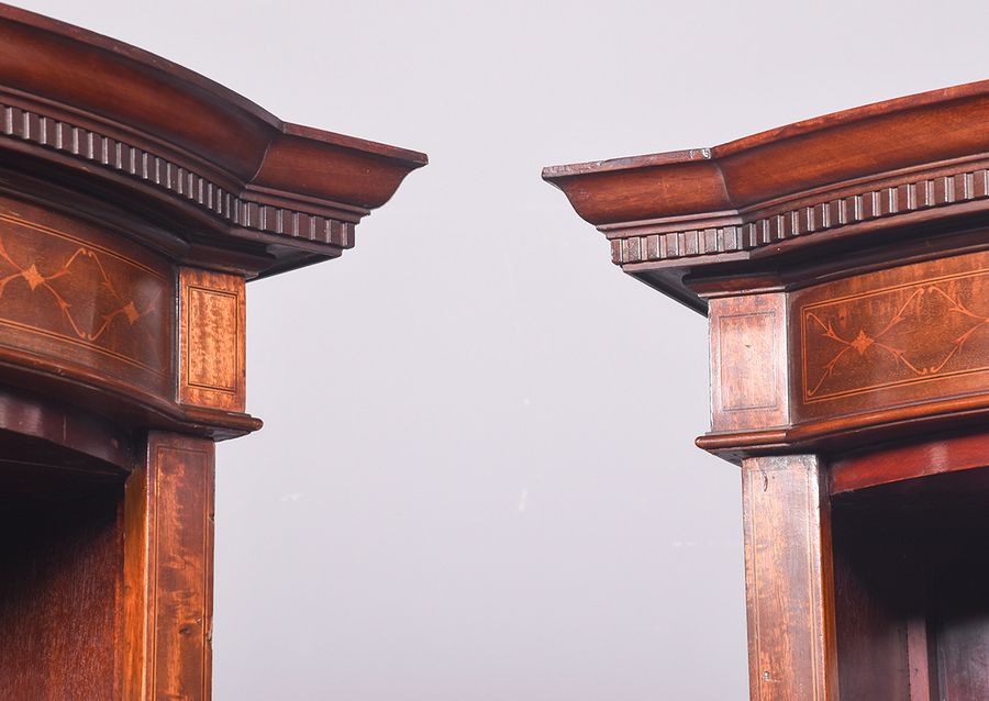 Antique Pair of Inlaid Edwardian, Sheraton -Style Mahogany Bow-Front Open Bookcases