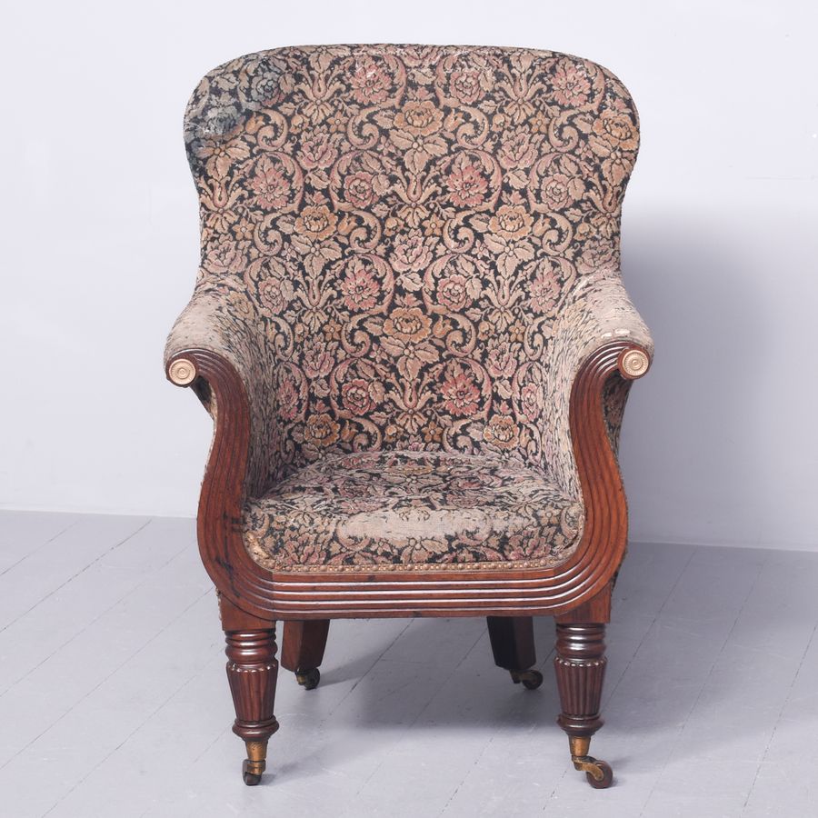 Antique Exceptional Quality Regency Mahogany Framed Barrel-Back Easy Chair