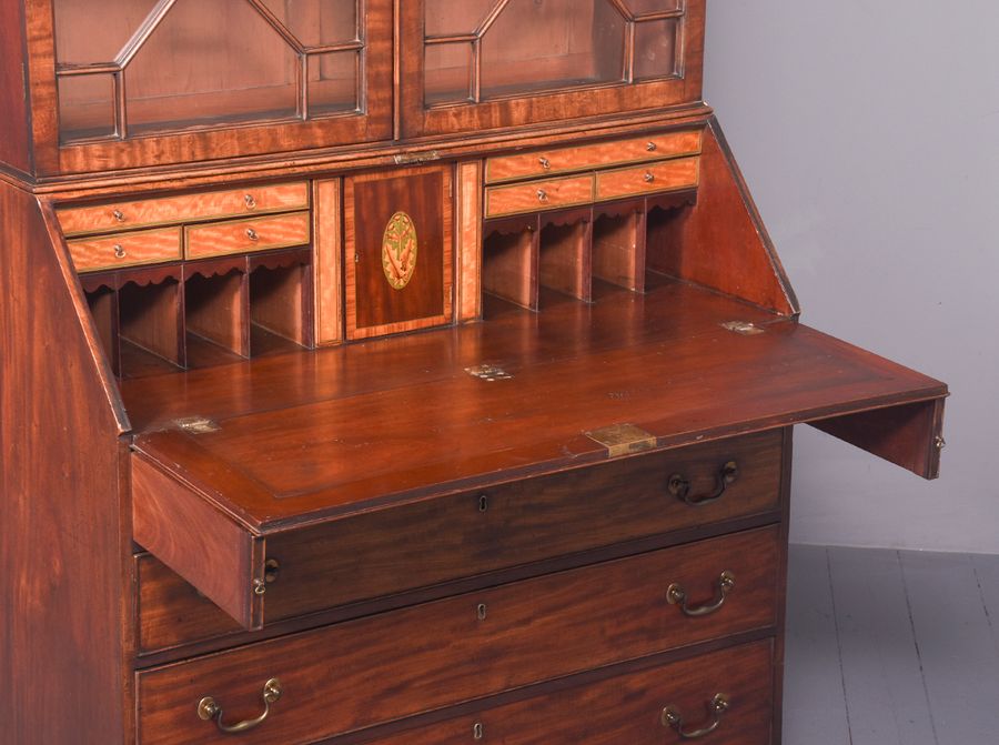 Antique Fine George III Inlaid Mahogany Bureau Bookcase in Excellent Condition